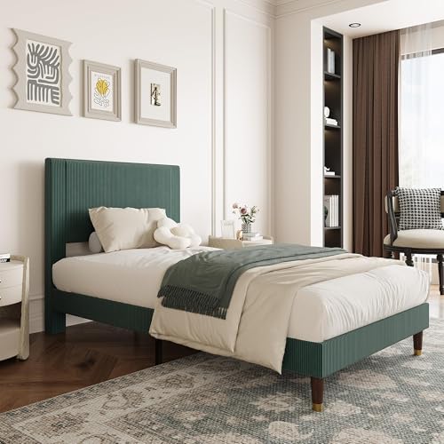 Image of Upholstered Platform Bed Frame with Corduroy Headboard, Sturdy Metal Frame & Wooden Slats, 800lbs Weight Capacity, Noise-Free, No Box Spring Needed, Easy Assembly, Under-Bed Storage, Twin Dark Green