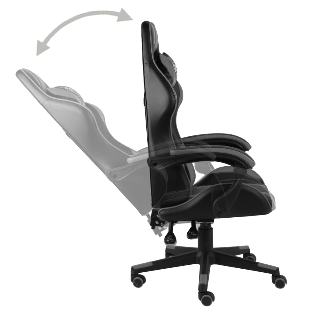 Silla de gaming, color negro y gris, piel sintética, giratoria 360°, altura regulable, con reposacabezas y cojín lumbar, ergonómica, para oficina y juegos, cómodo asiento