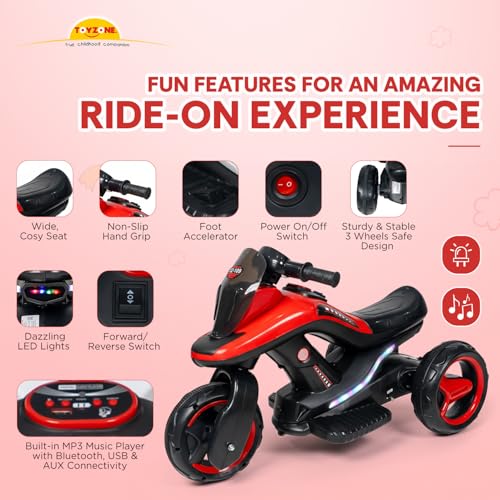 Image of Toyzone Ralph Electric Bike (Red) | 6V Rechargeable Bike with 4.5 AH Battery | Music Player with Bluetooth, USB & AUX | 6 Months Battery Warranty | Made in India | for Kids 2-8 Years, Upto 35 Kgs
