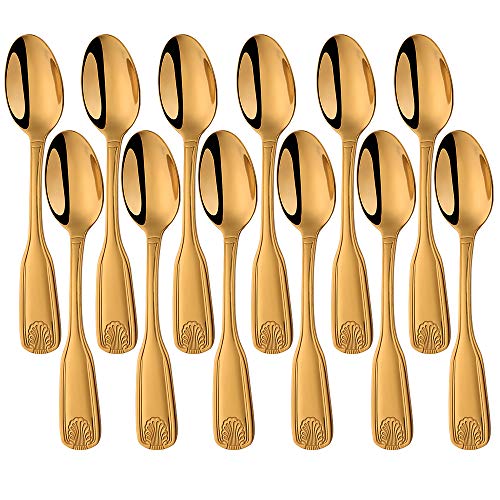 QOBIMOON 12-Piece 18/0 Stainless Steel Teaspoon, Shell Pattern Teaspoon Commercial Quality 6.5 Inches, -Gold