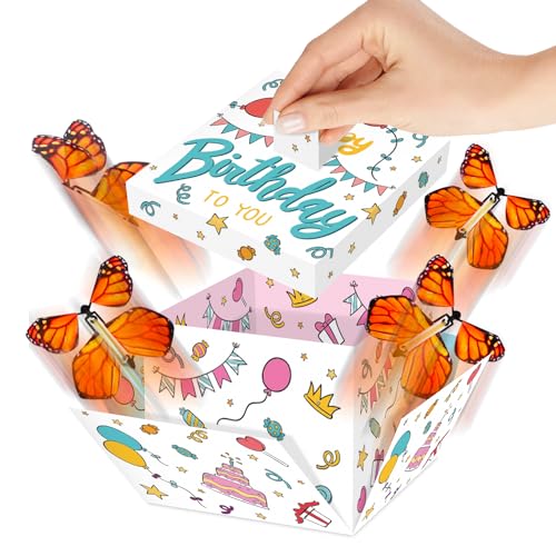 FETTIPOP Premium Volante Farfalle Scatola Regalo Compleanno (bianca), Pacco Regalo Sorpresa Esplosiva Divertente, Confezione Regalo 14x14cm.