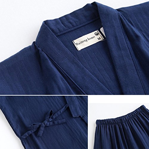 Pijama de algodón tipo kimono japonés bata ropa de dormir hombre azul L 3