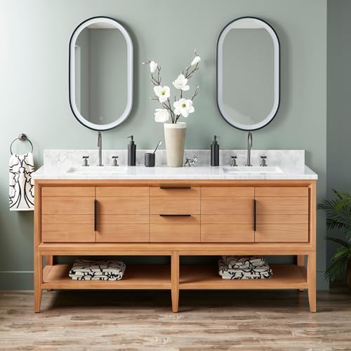 Signature Hardware 955226-72-rumb-3 Aliso 72" Console Teak Double Basin Vanity Set with Cabinet, Vanity Top, and Rectangular Undermount Sinks - 8" Faucet Holes - Natural Teak/Carrara