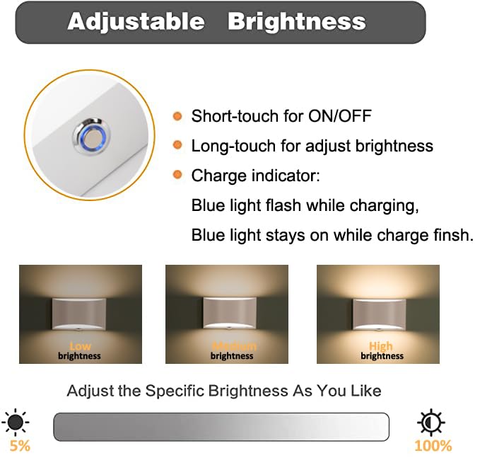 Image of LED Wall Sconce, Dimmable Wall Light with Rechargeable Battery Operated USB, Touch Control, Up Down Wall Mount Lamp for Bedroom Hallway Living Room (White, 3000K)