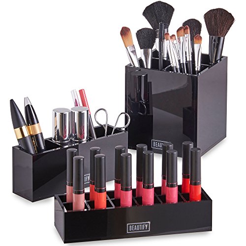 Beautify Acrylic 4 Slot Makeup Brush Storage Holder and 12 Slot Lipstick Lipgloss Organizer Set