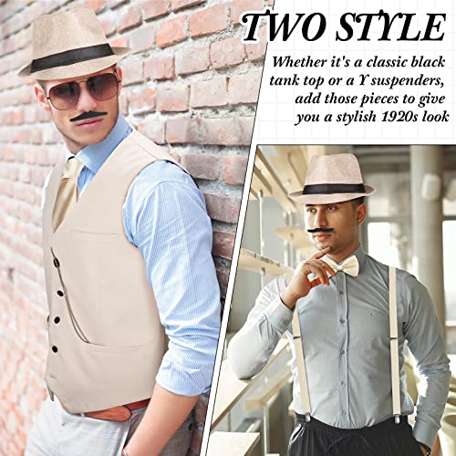Satinior 1920S Mens Costume 20S Accessories Outfit With Gangster Vest Fedora Hat Vintage Pocket Watch Suspenders (Beige,X-Large) #TOP4