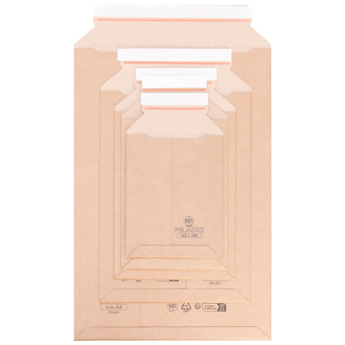 verpacking 80 Buste per spedizioni in cartone (4 taglie x 20 unità cad.) | formati A6, A5, A5+, A4 | in resistente cartone ondulato marrone