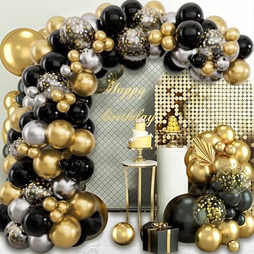 Kit Arco Globos Negro Dorado Plateado, 102Pcs Guirnalda Globos Negro Oro Plateado con Globos Confeti Dorado, Decoración Graduacion para Fiesta Comunion Boda Jubilacion Hombre Cumpleaños Aniversario