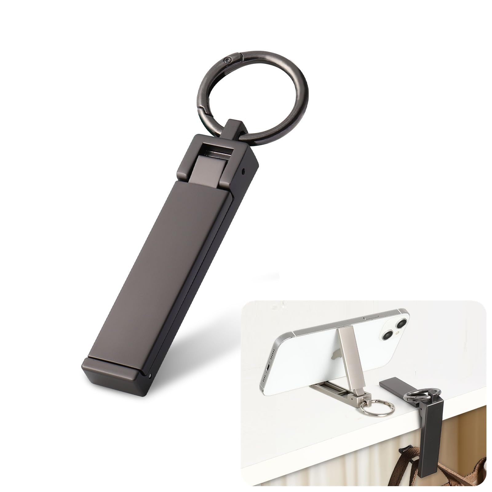 Labato 【2025 新登場！】バッグハンガー カバン掛け フック テーブルフック 耐荷重16㎏ リュック バッグ スマホスタンド機能付き デスクホルダー キーホルダー 亜鉛合金素材 オフィス 出張 旅行 外出用 携帯便利 万能バッグハンガー (マットブラック（旧版）)