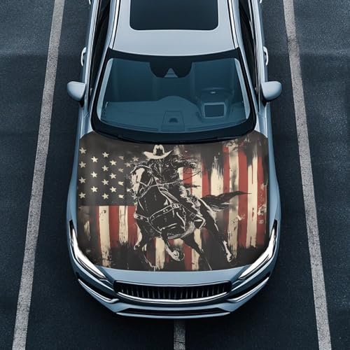 Image of American Flag Cowboy Design Car Hood Cover Protector Stretchable Car Hood Wraps Auto Banner Auto Decorative Accessories for Compact Sedans SUV Trucks (59x39 Inch)