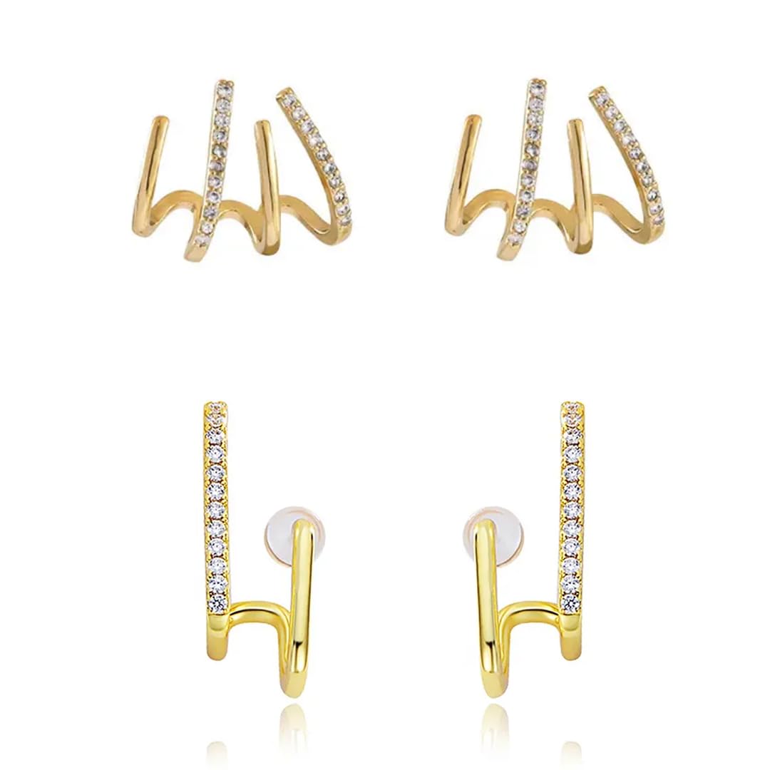 Modern Geometric Crystal Ear Cuff Set | Gold-Plated Wave Design Earrings with Rhinestones | Combo of 2 Pairs for Women & Girls-image-12