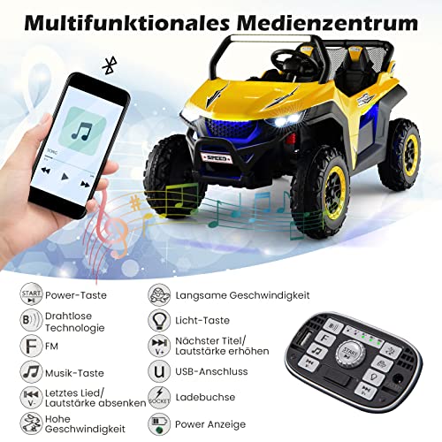 COSTWAY 2 Sitzer Kinderauto mit 2,4G Fernbedienung, 12V Kinder UTV mit Musik und Scheinwerfer, Elektro Auto 2-4 km/h, für Kinder ab 3 Jahren (Gelb)