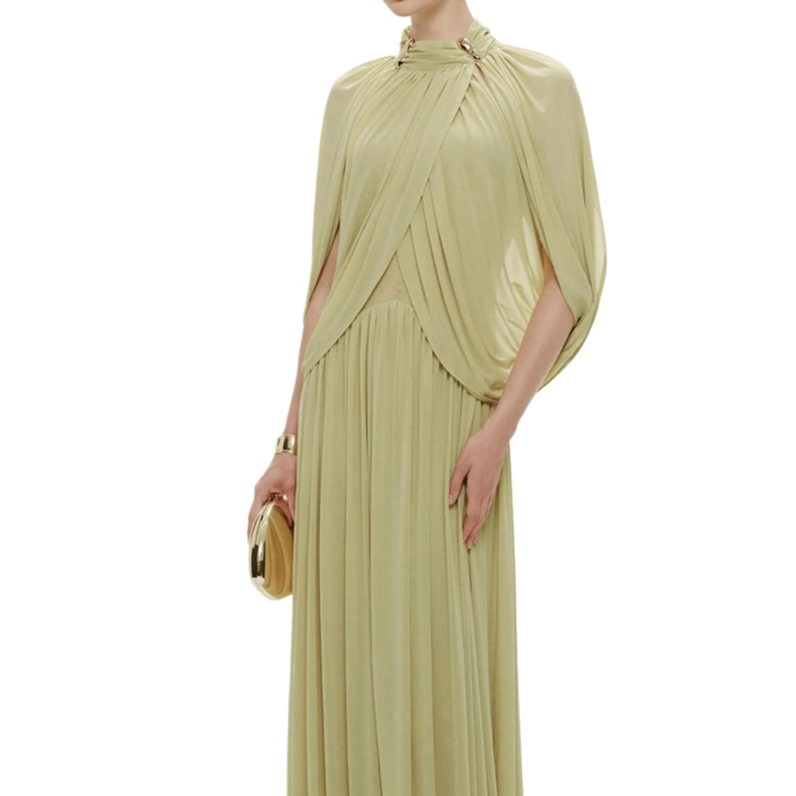 Damenkleid Frauen Elegantes Ruched Langes Kleid O Hals Kreuz Ärmel Form Fitting Cocktail Mit Metall Pin Detail Für Party Wear-01 Green-s