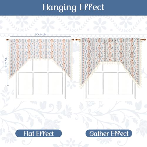 Image of Yinhua Boho Swag Valance Curtains Vintage Linen Valances for Windows Light Filtering Floral Kitchen Valance Rod Pocket Rustic Tassel Window Valances for Bathroom, 60 inch W x 36 inch L, Blue Orange Floral