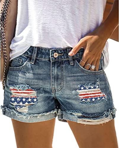 LLuao Women Patch Mid Rise American Flag Shorts 4th of July Distressed Ripped Frayed Folded Cutoff Denim Jeans M