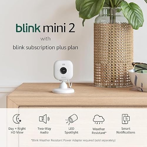 Image of All-New Blink Mini 2 with 1-Year Plus Subscription — Plug-in smart security camera, HD night view in color, built-in spotlight, motion detection, Works with Alexa — 2 Cameras (White)
