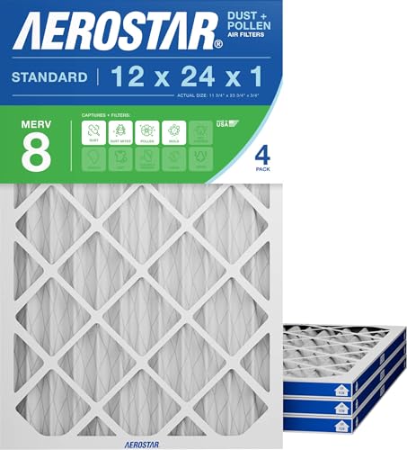 Aerostar 12x24x1 MERV 8 Air Filter, 4 Count, ACTUAL SIZE (11.75 x 23.75 x 0.75), HVAC, Air Conditioning & Furnace Filter Captures Dust, Lint & Pollen (MPR 600 / FPR 5), Made in USA