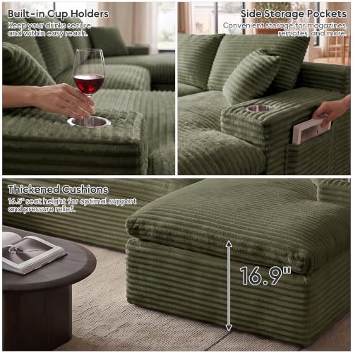 Image of 120 inch Modular Sectional Sofa, U-Shape Boneless Couch, Green