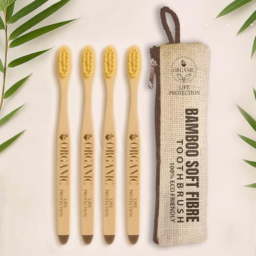 Image of Bamboo Toothbrush - 100% Biodegradable & Eco-Friendly | Soft Bristles for Sensitive Gums | Zero Waste, BPA-Free, Vegan - Pack of [4]