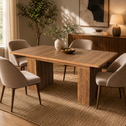 Image of Extendable Dining Table with Hidden Butterfly Leaf & Fluted Storage Legs | 63 inch-78.74 inch Wooden Expandable Table, Modern Farmhouse, Seats 4-8 People, Space Saving for Apartment Kitchen Living Room, Brown