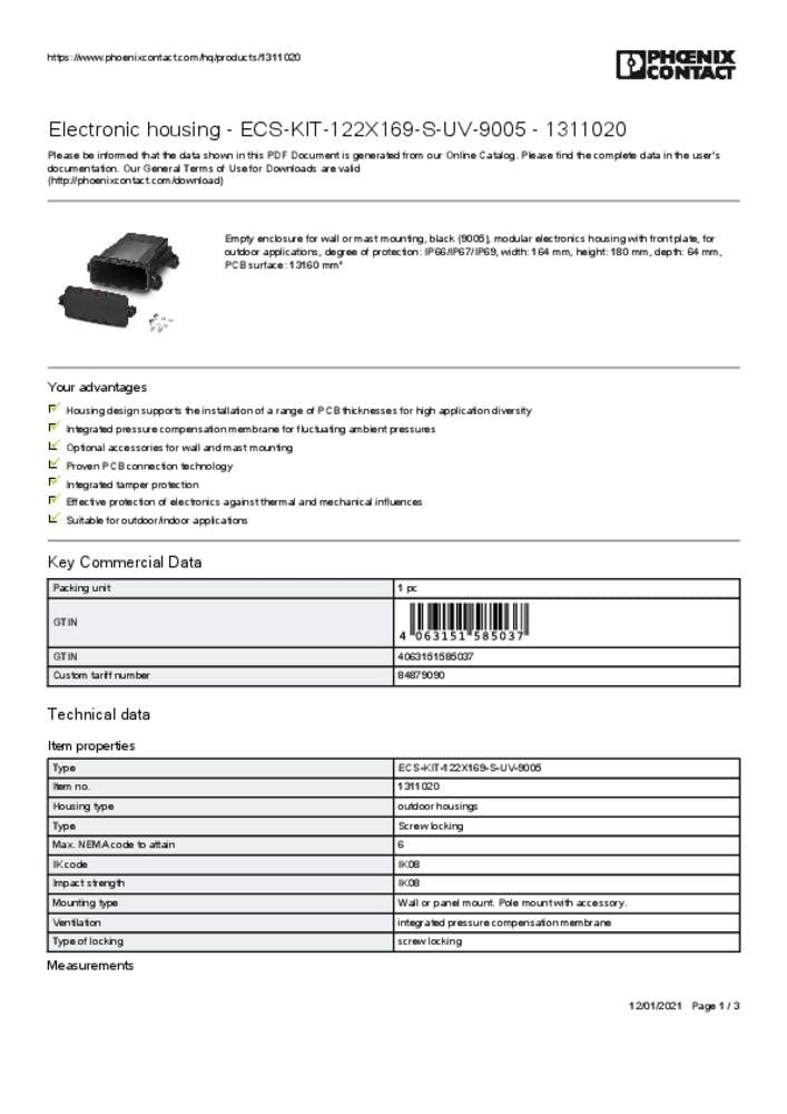 Phoenix ContactECS-KIT-122X169-S-UV-9005 1311020 Elektronik Housing 44.8 x 179.8 x 62.1 Polycarbon