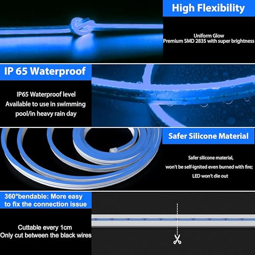 Image of Gesto 16.4 Feet Neon LED Strip Light with 12V Adapter | Cuttable & Flexible Waterproof Rope Light for Wall Decor, Indoor & Outdoor Decoration, Custom Names,Signage & Diwali Decorative Lighting- Blue