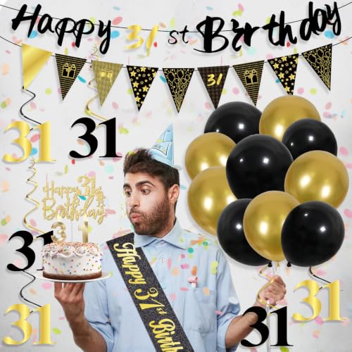 Image of 31st Birthday Decorations for Men, Black Gold 31st Party Decorations | 27pcs Happy 31st Birthdays Set: Banner, Honeycomb, Balloons, Gold Number, Candle, Hanging Swirls, Cake Topper, Party Supplies