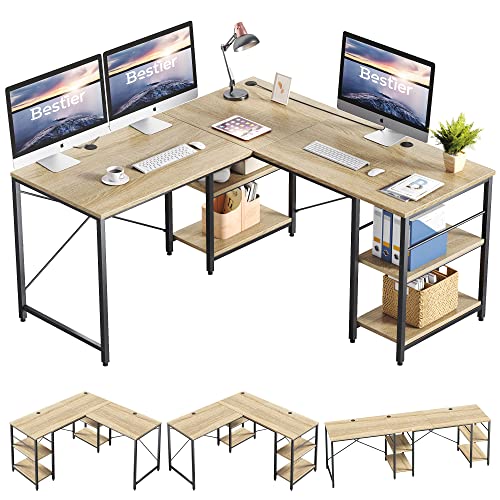 Bestier L-förmiger Schreibtisch mit Regalen, umkehrbar, stabil, Computerarbeitsplatz mit 2 Kabellöchern, Eckschreibtisch 120 cm, industriell lang 240 cm