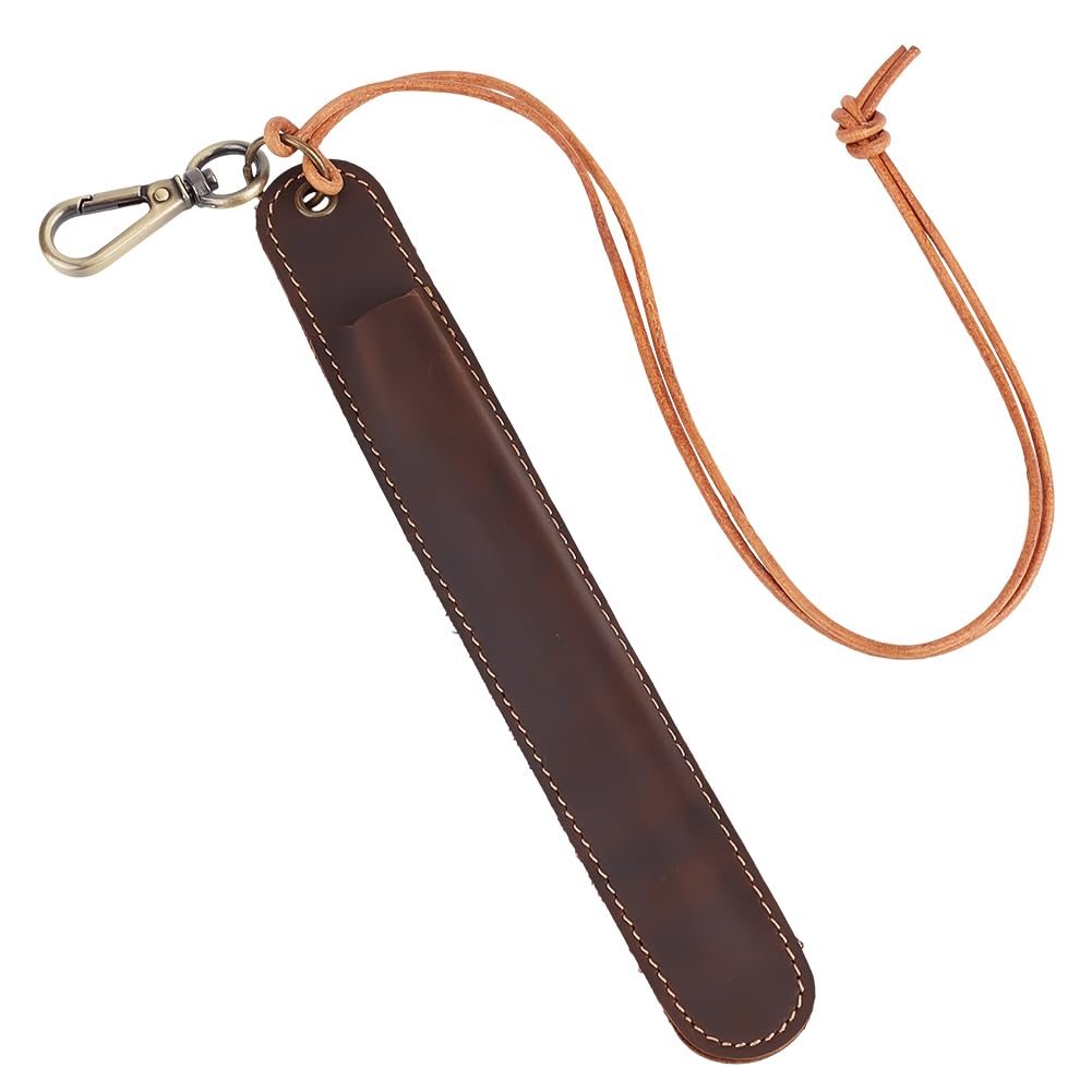 CALFOVERA Black Crazy Horse Leather Pen Case Holder Genuine Leather Neck Hanging Pencil Storage Pouch for Single Portable Lanyard Fountain Pen Protective Sleeve Cover with Clasp for Travel Office