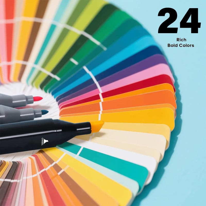 Image of Dual Tip Colorful Art Markers 24 Colors Sketch Pens With Carry Bag For Painting Sketching Calligraphy Drawing,Chisel & Fine Tip Water Based Colouring Marker For Kids & Adult,Multicolor (24)