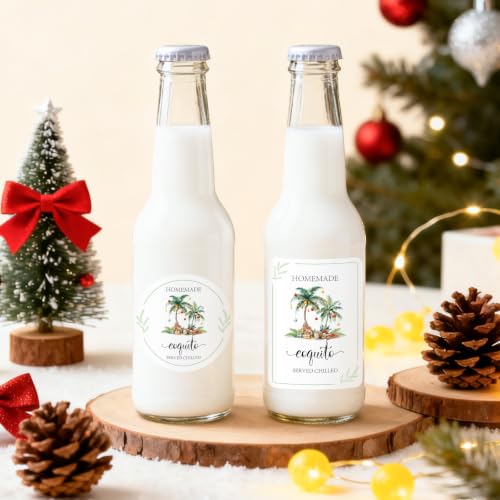 Image of 100 Pcs Christmas Coquito Labels for Bottles Set Includes 50-2.36 inch & 50-2.3x3.1 inch Coquito Stickers for Xmas Holiday Bottle Party Supply