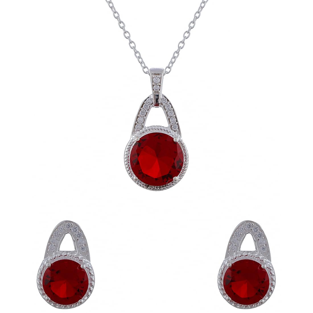 VOYLLA Red Stone Studded 925 Sterling Silver Pendant Set-image-2