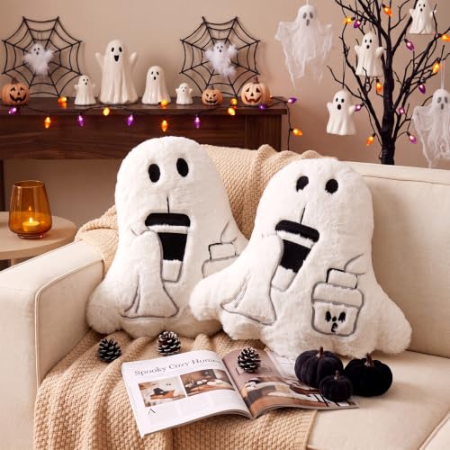 Image of Konohan 2 Pcs Halloween Ghost Throw Pillows Cushions Soft Stuffed Ghost Shaped Throw Pillows for Halloween Party Home Sofa Bed Office Couch Living Room
