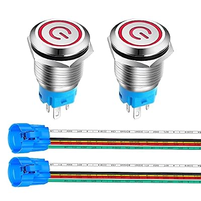 Gebildet 2piezas 16mm Enclavamiento Pulsador de Botón Metálico Interruptores Acero Inoxidable Impermeable Plana Top ON/OFF 12V-24V 5A Pulsador con Enchufe de Cable(LED Rojo)