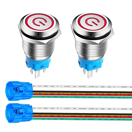 Gebildet 2 Pieces 0.63''/16mm Stainless Steel Latching Push Button Switch 12V-24V 5A Power Symbol LED 1NO1NC SPDT ON Off Waterproof Toggle Switch with Wire Socket Plug (Red LED)