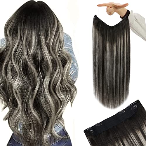 Image of YoungSee Invisible Wire Hair Extensions Black, Balayage Natural Black Mix Silver Blonde, Fish Line Hair Extensions Real Human Hair, Short Hair 12 Inch 75g, One Piece Hair Extension for Thin Fine Hair