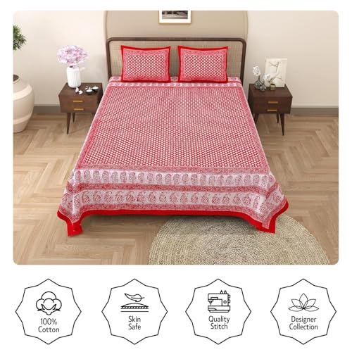 Image of Opulent Collection Double Bedsheet with 2 Pillow Cover | 100% Cotton Bedsheets for Double Bed | Handloom Bedsheet | Size 86x90 inches | King Size (90X102 Inches) (Red, King)