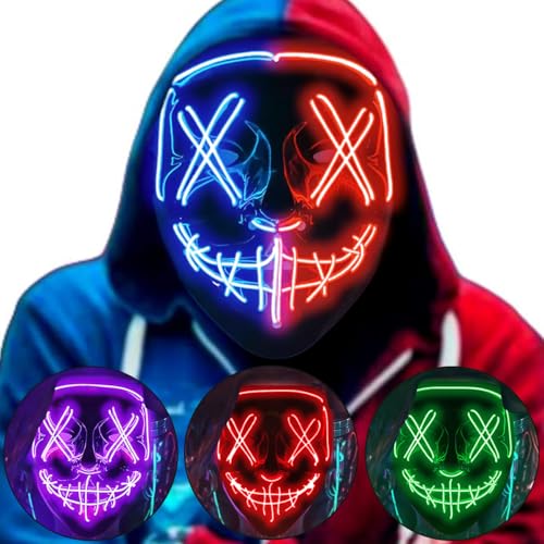 DWTECH Máscara de Halloween LED Disfraz de Halloween LED Glow Scary Light Up Purge Máscaras para Festival Fiesta Carnaval Disfraz de Navidad Cosplay brilla en la oscurida (Azul+Rojo)
