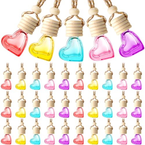20 Pcs 6ml Hanging Car Diffuser Bottle Empty Glass Perfume Air Freshener Heart Love Container Diffuser Pendant Wedding Essential Oil Fragrance Aromatherapy Ornament (Multicolor)