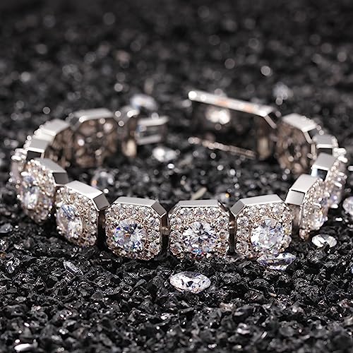 18K Gold Moissanite Baguette Tennis Bracelet for Men, Luxury Bezel Set Round Cut Moissanite, Fine Jewelry Gift4
