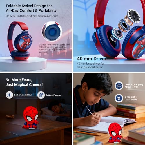 Image of Marvel Spider-Man Kids Bluetooth Headphones with Character Mood Light Gift Set | Foldable Swivel Cups | Kids Safe 85dB Volume Limit | Aux Input | Voice Assistant | Perfect for Boys | Ages 5-16