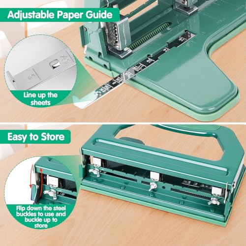 Image of AFMAT 3 Hole Punch Heavy Duty, 9 /32 inch Holes, 50-Sheet Hole Puncher 3 Ring, 50% Reduced Effort, Adjustable Two & Three Hole Punch, Metal Paper Puncher w /Large Chip Tray, Metal Paper Guide, Green, HP18
