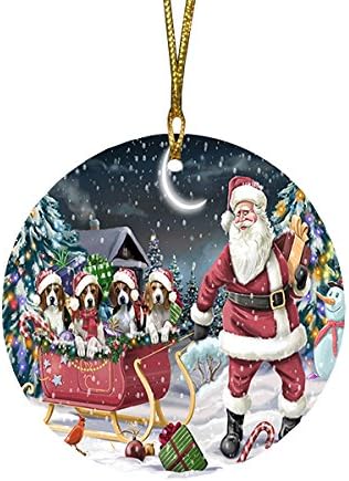 Santa Sled Dogs Beagle Christmas Round Flat Ornament - Pet Decorative Hanging Ornaments for Christmas X-mas Tree Decorations - 2.75" Round Flat Ceramic Christmas Ornament POR1540