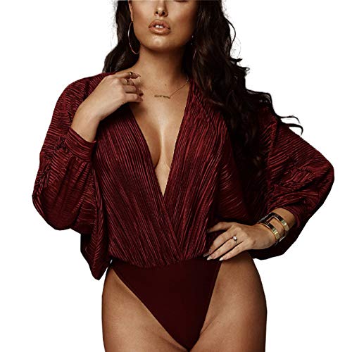 Women's Sexy Deep V-Neck Long Sleeve Bodysuit Loose Leotard Jumpsuit Bodysuit Tops Clubwear (Wine, S)