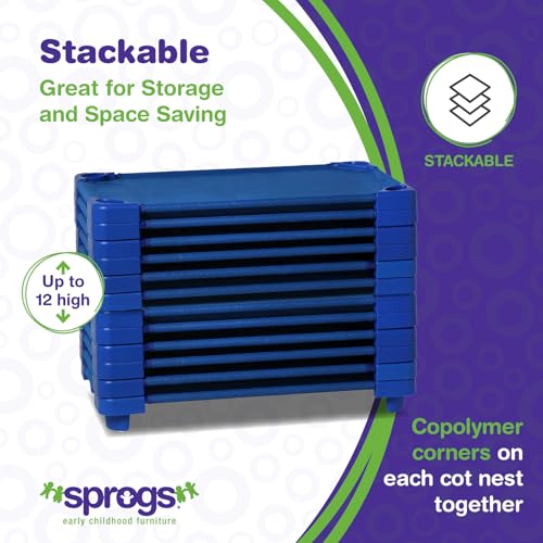 Image of Sprogs Heavy-Duty Stackable 40 inchL Daycare Cots for Toddlers Ages 1 to 2, Stacking Preschool Classroom Toddler Cots for Sleeping, Resting, Naptime, Pack of 6, Blue