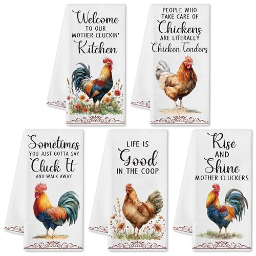 Funny Chicken Dish Towel Sets - 5Pcs Farmhouse Vintage Rustic Rooster Dishcloths Absorbent Quick Dry Cloth Dish Tea Towels Farm Animal Bar Reusable Hand Towels for Bathroom Kitchen Home Decors