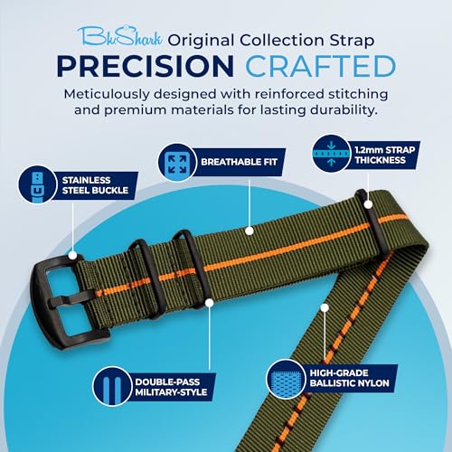 Image of BluShark - Original Collection Military-Style Waterproof Watch Strap, Fits All Timepiece Brands, Durable Nylon Wristwatch Accessories with Stainless Steel Buckle - 18mm, 20mm, 22mm & 24mm Watch Bands