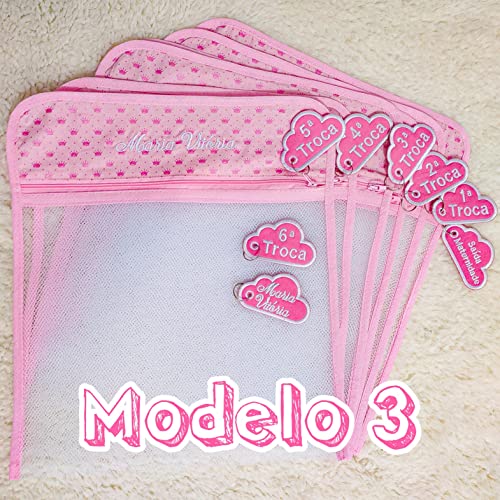 Saquinho Maternidade Com Nome Bordado Tule Com Zíper 6x Peças Menino E Menina 6 Cores (Rosa Coraçãzi