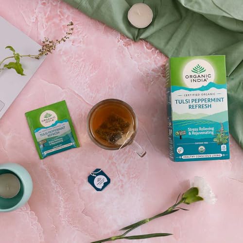 Image of ORGANIC INDIA Tulsi Peppermint Refresh 25 Tea Bags || Stress Relieving & Rejuvenating || Feeling Refreshed || Tulsi Tea - 25 Tea Bags (Pack of 3)