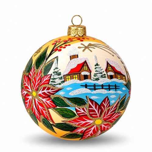 Polish Hand Blown Glass Christmas Ornaments Ball, Wintry Xmas Gold 5 in